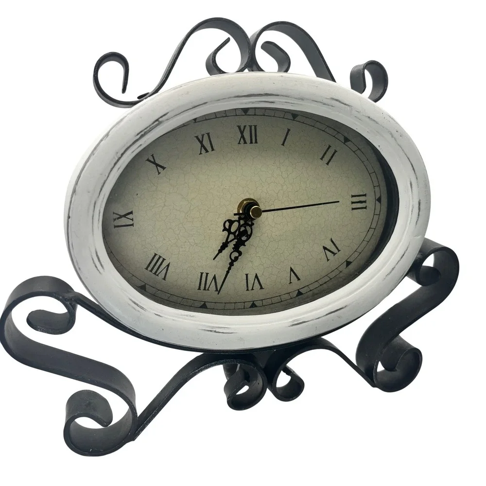 Vintage Style Oval Table Clock Distressed White Roman Numeral Scroll Iron Base